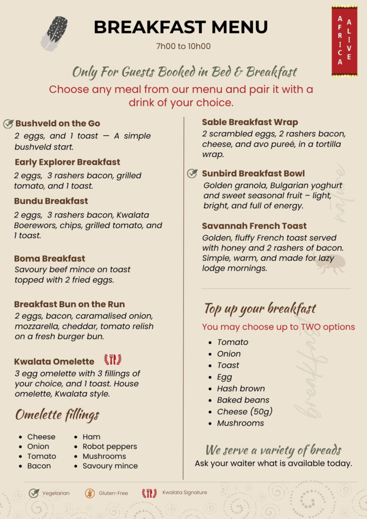 Kwalata Bed and Breakfast Menu