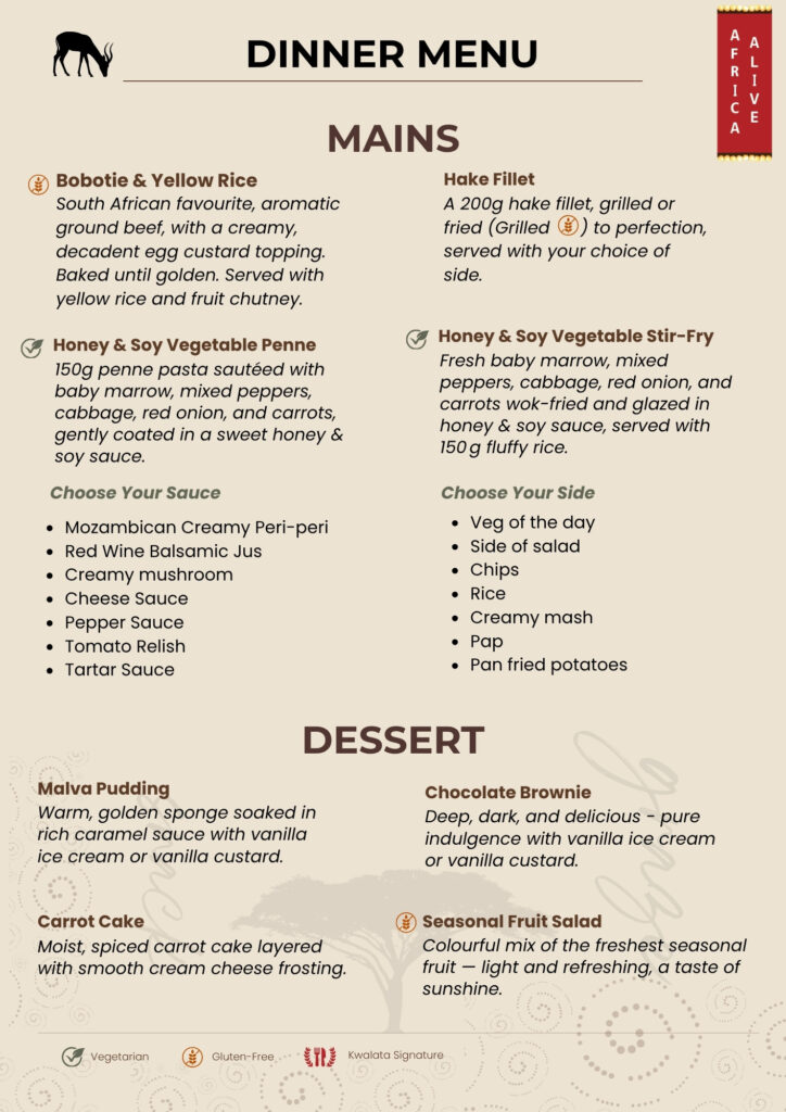 Kwalata Bed and Dinner Menu