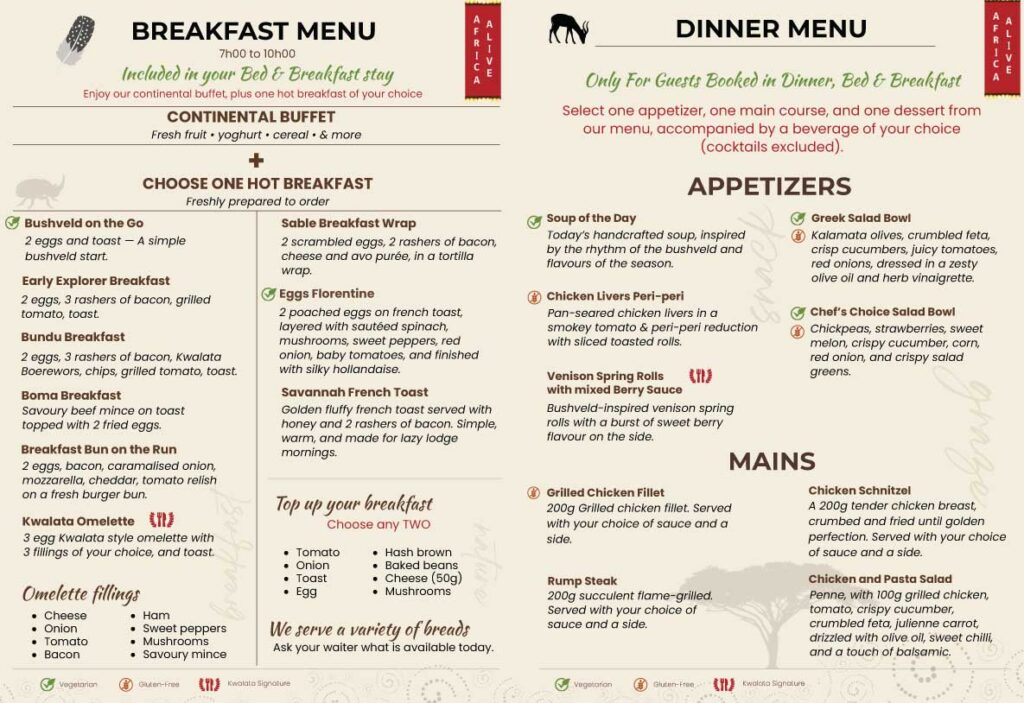Dinner Bed and Breakfast Menu